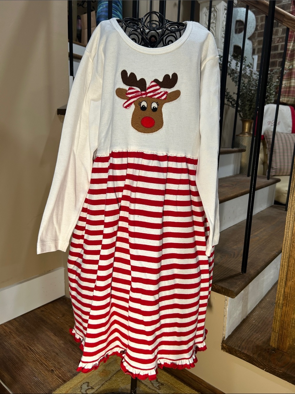 LUIGI Girls 6x Holiday Reindeer Stripe Dress - Red & White